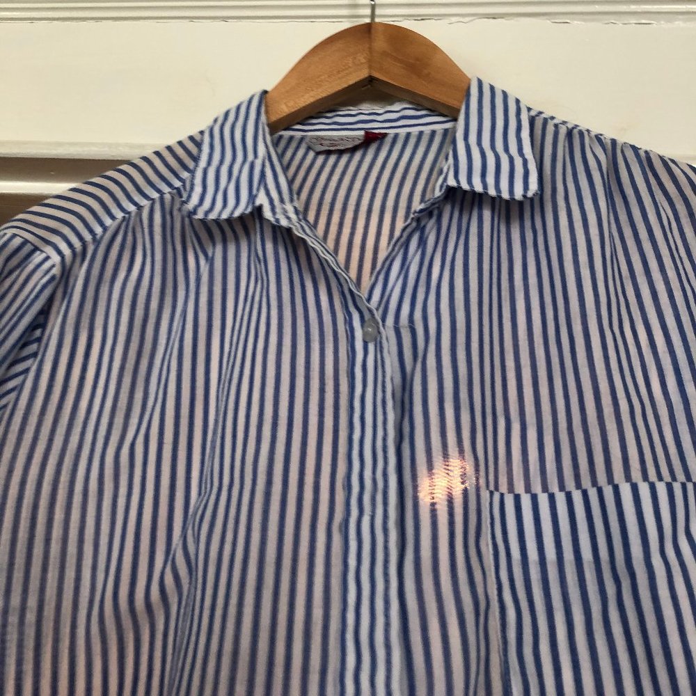 blue and white sheer button up